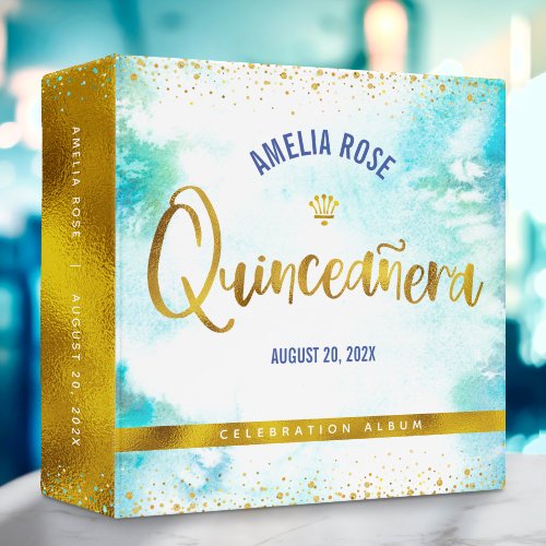 Quinceaera Turquoise Watercolor Gold Photo Album 3 Ring Binder