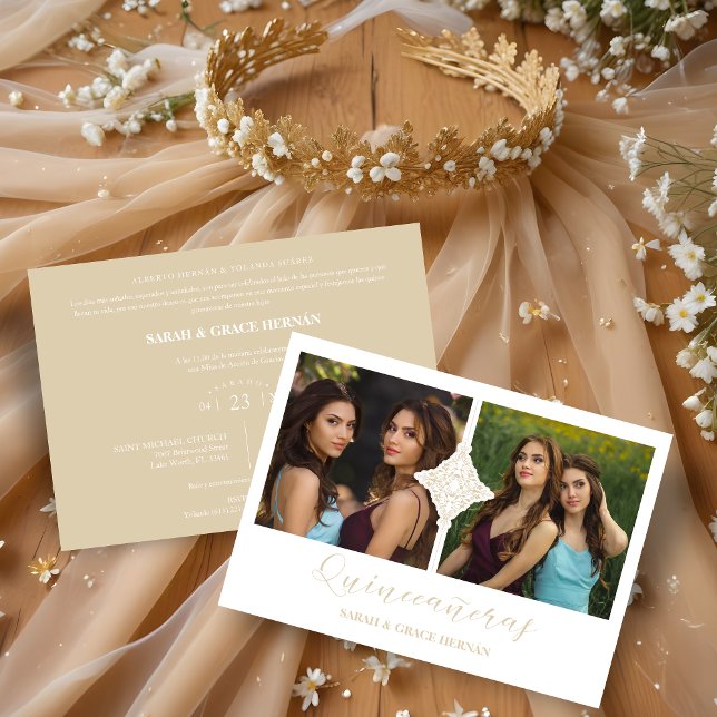 Quinceañera Twins 2 Photos Ornament Faux Golden Invitation (Spanish Quinceañera Twins 2 Photos Ornament Faux Golden Invitation. )