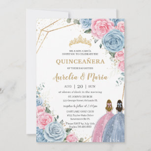 Quinceañera Twins Baby Blue Pink Floral Roses Invitation