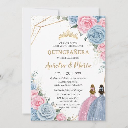 Quinceaera Twins Baby Blue Pink Floral Roses Invitation