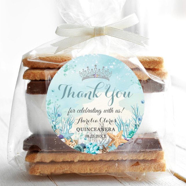 Quinceañera Under the Sea Beach Shells Corals Classic Round Sticker (under the sea Quinceañera quince xv sweet 16 birthday bridal shower round favor stickers labels)