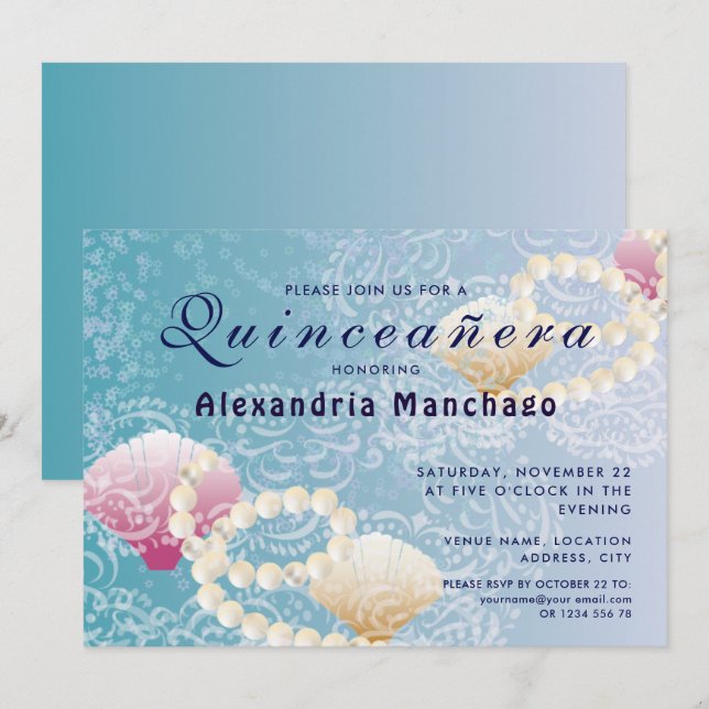 Quinceanera under the sea lace, pearls pink shells invitation (Front/Back)