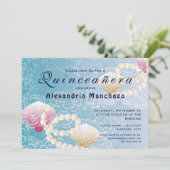 Quinceanera under the sea lace, pearls pink shells invitation (Standing Front)