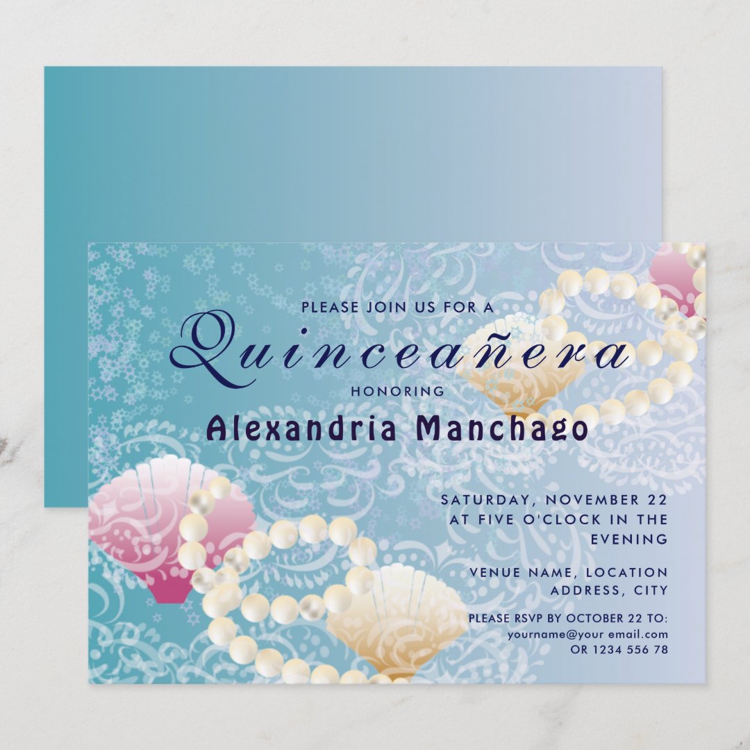 Quinceanera under the sea lace, pearls pink shells invitation | Zazzle