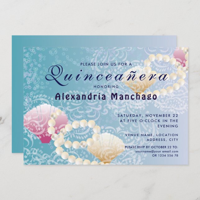 Quinceanera under the sea lace, pearls pink shells invitation (Front/Back)