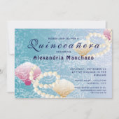 Quinceanera under the sea lace, pearls pink shells invitation (Front)