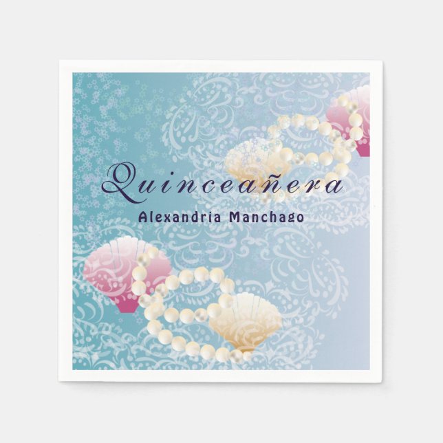 Quinceanera under the sea lace, pearls pink shells napkins (Front)