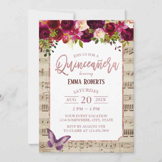 Quinceanera Vintage Burgundy Floral Music Birthday Invitation (Front)