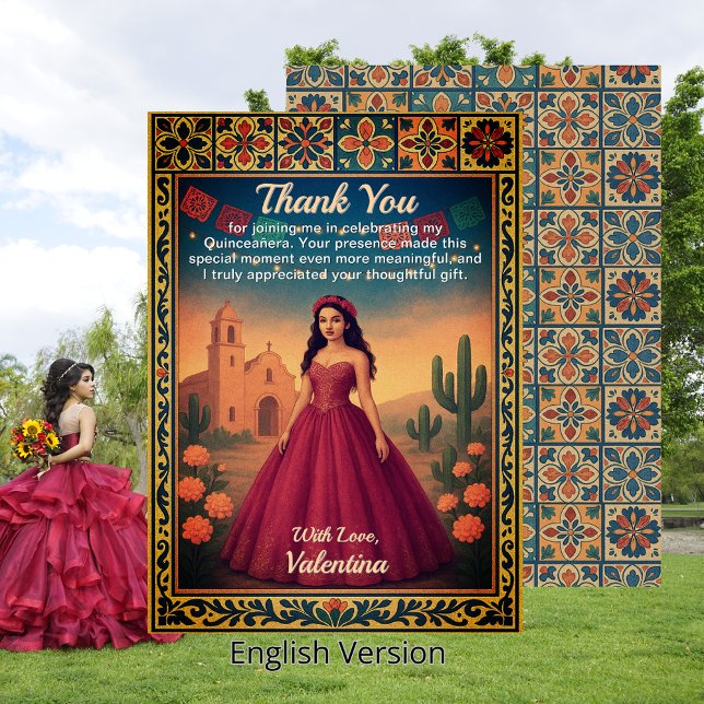 Quinceañera Vintage Red Gown Talavera Border Thank You Card (Quinceañera Vintage Red Gown Talavera Border Thank You Card)
