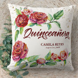 Quinceanera Vintage Red Roses Personalized Throw Pillow<br><div class="desc">Quinceañera pillow is a beautiful keepsake gift to celebrate the 15th Birthday of a special young woman. This elegant Quinceanera pillow has dark red and pink toned vintage rose flowers on a white background. This watercolor floral design features delicate rosebuds blooming into beautiful roses with a splash of gold confetti...</div>