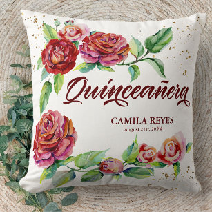 Quinceanera Vintage Red Roses Personalized Throw Pillow