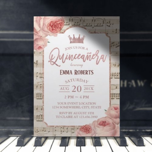 Quinceanera Vintage Rose Floral Music Birthday Invitation
