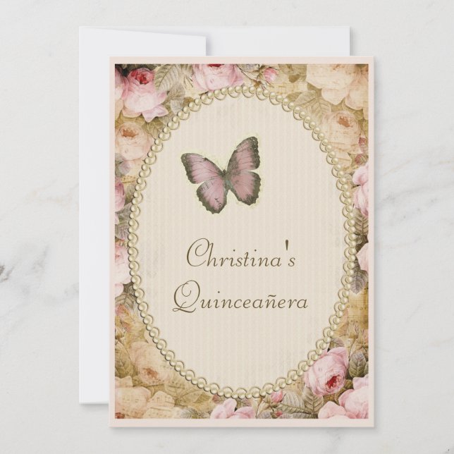 Quinceañera Vintage Roses Butterfly & Music Notes Invitation (Front)