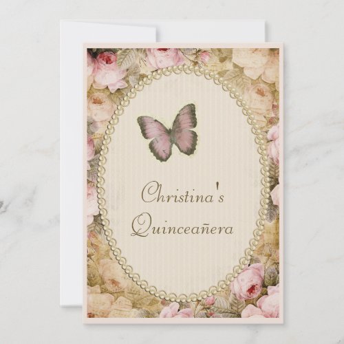 Quinceaera Vintage Roses Butterfly  Music Notes Invitation