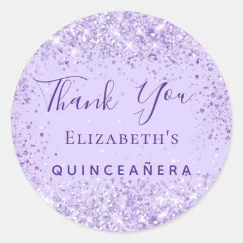 Quinceanera violet glitter name thank you classic round sticker