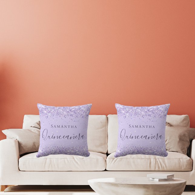 Quinceanera violet lilac glitter dust name throw pillow (Creator Uploaded)