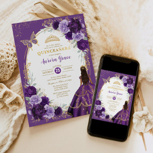 Quinceañera Violet Lilac Gold Floral Butterfly Invitation
