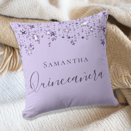Quinceanera violet lilac stars name throw pillow