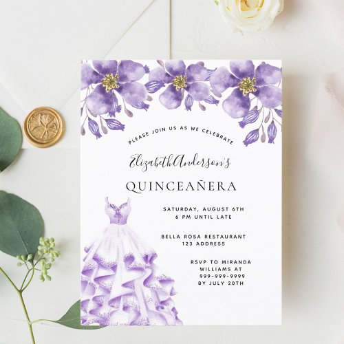 Quinceanera violet white dress floral elegant postcard
