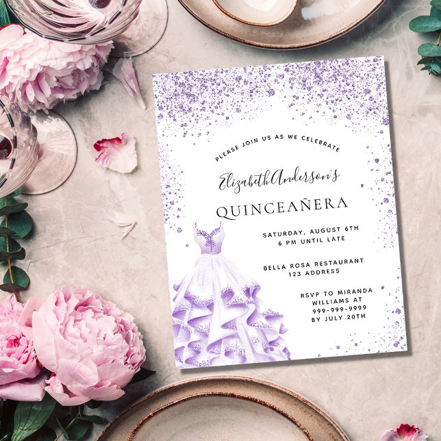 Quinceanera violet white dress glitter budget flyer (Creator Uploaded)