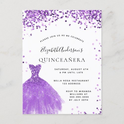 Quinceanera violet white dress glitter glam postcard