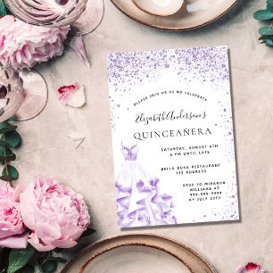Quinceanera violet white dress glitter invitation