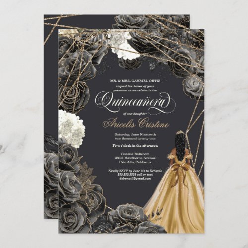 Quinceaera w Black Roses Gold Gown  Glitter In Invitation