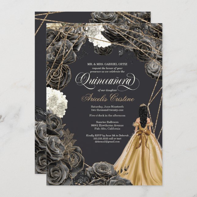 Quinceañera w Black Roses, Gold Gown, & Glitter Invitation (Front/Back)