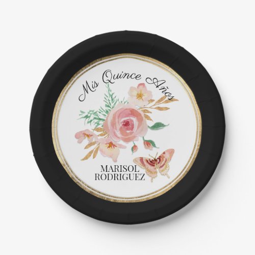 Quinceanera Watercolor Black Pink Floral Butterfly Paper Plates