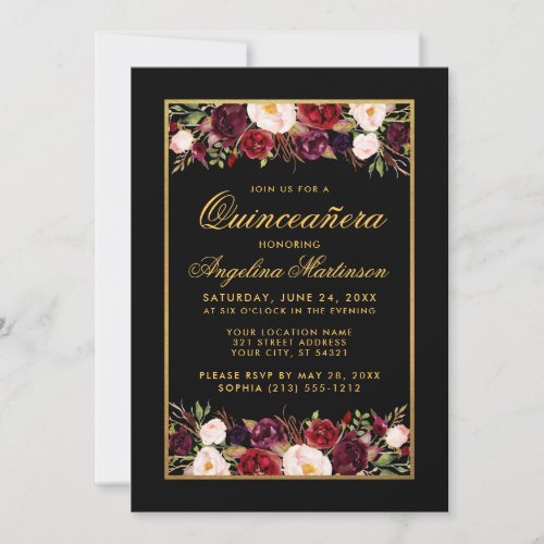Quinceanera Watercolor Burgundy Floral Black Gold Invitation