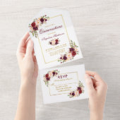 Quinceanera Watercolor Burgundy Floral Gold All In One Invitation (Tearaway)