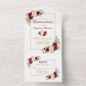 Quinceanera Watercolor Burgundy Floral Gold All In One Invitation (Inside)