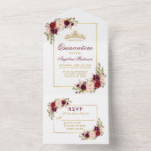 Quinceanera Watercolor Burgundy Floral Gold Crown All In One Invitation (Inside)
