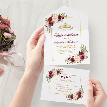Quinceanera Watercolor Burgundy Floral Gold Crown All In One Invitatio