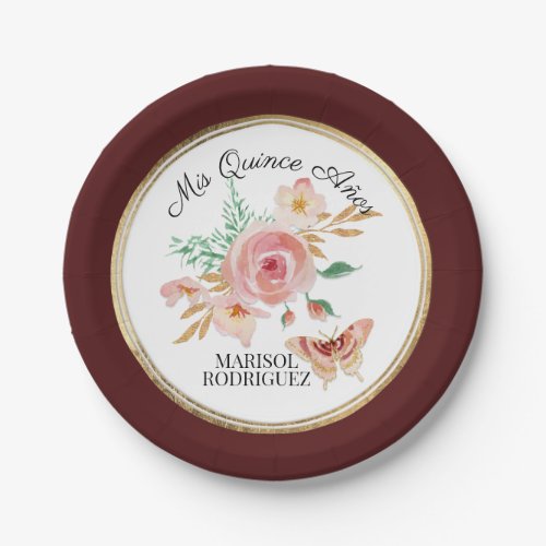 Quinceanera Watercolor Burgundy Floral w Butterfly Paper Plates