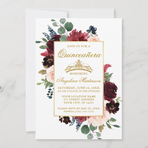 Quinceanera Watercolor Burgundy Pink Floral Invitation