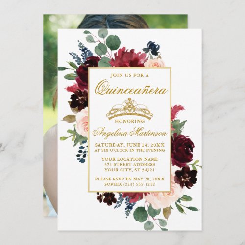 Quinceanera Watercolor Burgundy Pink Floral Photo Invitation