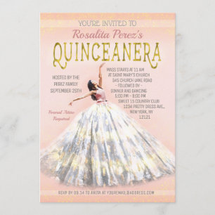 Quinceanera Watercolor Dress Blush Pink Gold Fancy Invitation
