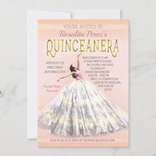 Quinceanera Watercolor Dress Blush Pink Gold Fancy Invitation