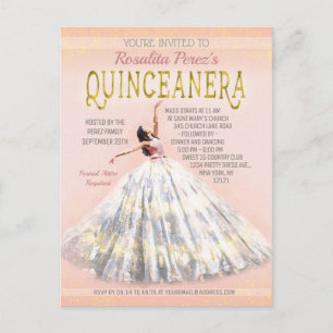 Quinceanera Watercolor Dress Blush Pink Gold Fancy Postcard