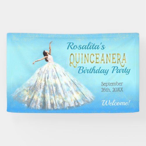 Quinceanera Watercolor Dress Royal Blue Gold Fancy Banner