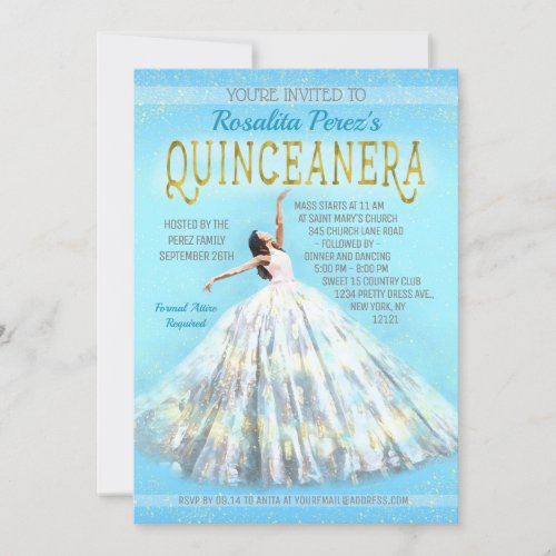 Quinceanera Watercolor Dress Royal Blue Gold Fancy Invitation