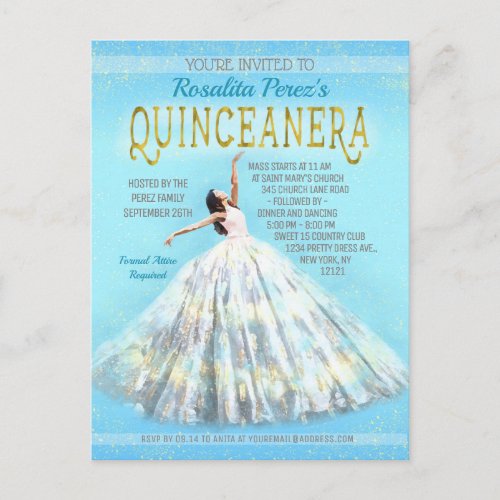 Quinceanera Watercolor Dress Royal Blue Gold Fancy Postcard