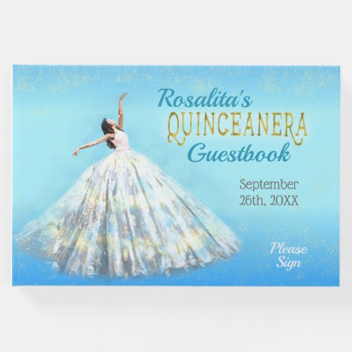 Quinceanera Watercolor Dress Royal Blue Gold Name Guest Book