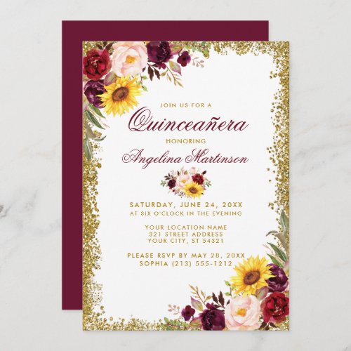 Quinceanera Watercolor Floral Gold Glitter Invitation