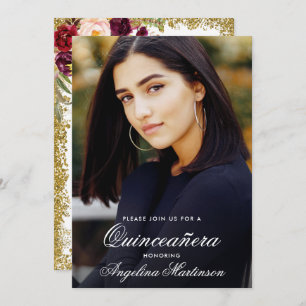 Quinceanera Watercolor Floral Gold Glitter Photo Invitation