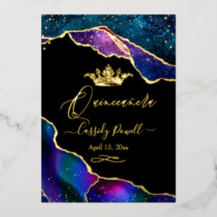Quinceanera, Watercolor Galaxy Agate 3 Colors Foil Invitation