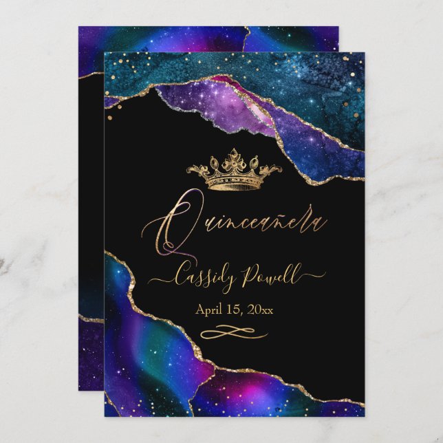 Quinceanera, Watercolor Galaxy Agate Faux Gold Inv Invitation (Front/Back)