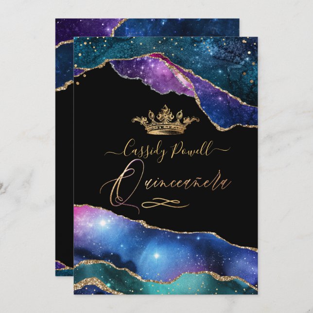 Quinceanera, Watercolor Galaxy Agate Faux Gold Invitation (Front/Back)