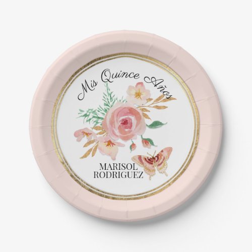 Quinceanera Watercolor Gold Pink Butterfly Floral Paper Plates